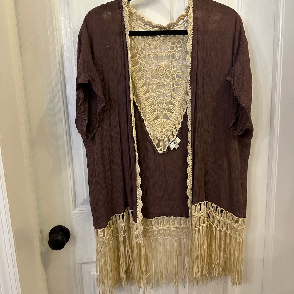 Umgee Cream and Brown Fringe Cape with Lace Detail